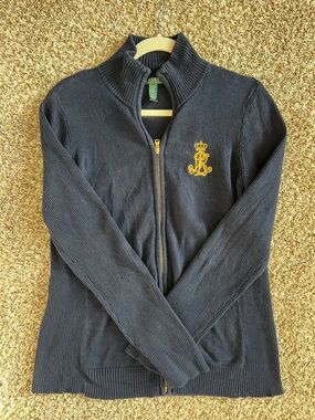 Lauren Ralph Lauren Navy Knit Cardigan with Gold Crest & Gold Zipper size XL